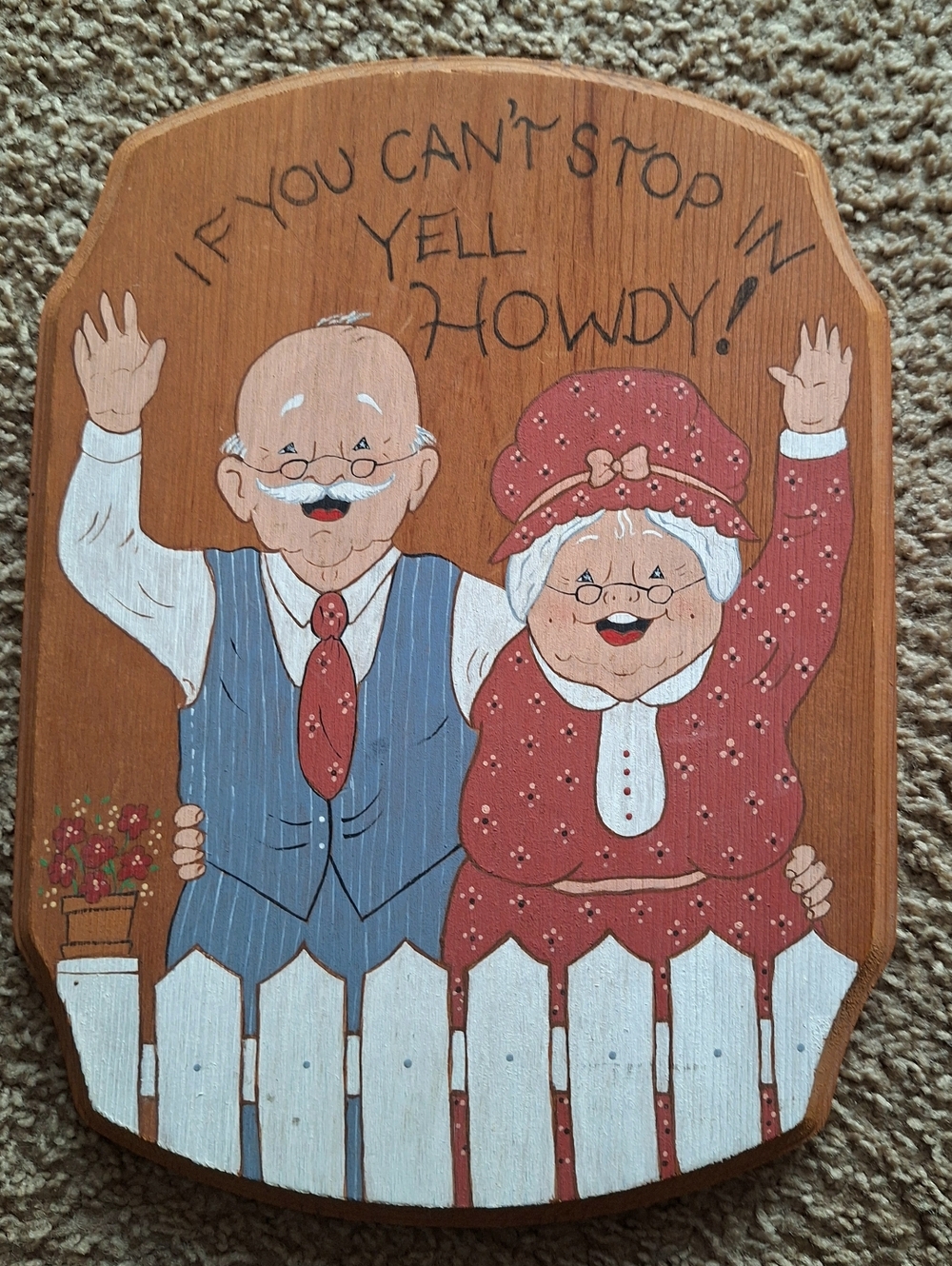 Source Unknown Hand-Painted Country Couple Plaque in Red, Blue, White